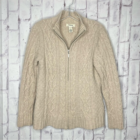 Cambridge Dry Goods Cable Knit Sweater Sz L Tan Zip Wool Angora Fisherman Beach - Picture 1 of 9
